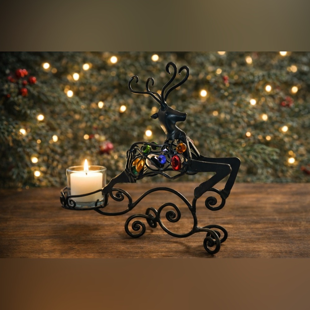 Pier 1 Metal Reindeer W/ Colorful Beads With Votive Candle Holder 9” Long - Picture 3 of 10